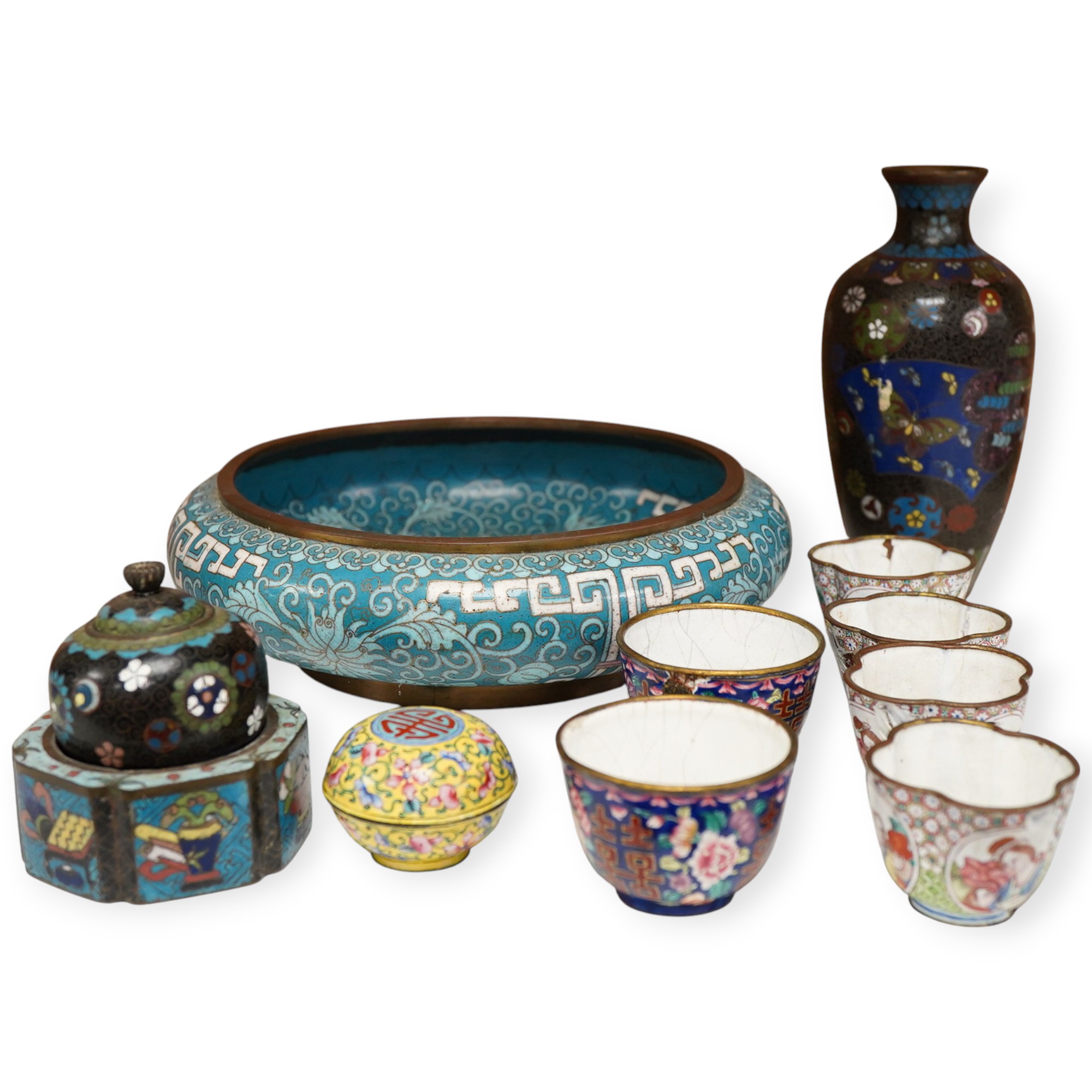 Canton enamel wine cups, European subjects and japanese cloisonne, tallest vase- 15cm high